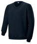 A black kids' V neck fleece jumper with long sleeves and ribbed cuffs. It has a label visible inside the neckline.