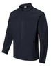 A navy men's softshell jacket with a zip closure and side pockets. It features a simple design and a logo.