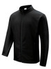 A black softshell jacket with a high collar, zip front and side pockets, featuring a logo on the chest.