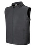 A grey softshell vest with a high collar and zip closure, featuring side pockets and a logo.