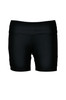 Black ladies' gym shorts with a simple design and an elastic waistband. Features a logo on the waistband.