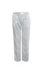 White cricket pants with an elastic waistband, designed for adults. Includes a logo on the waistband.