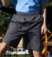 Boys’ grey school shorts with an elastic waistband, featuring a logo, suitable for casual wear.