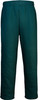 Dark green track pants featuring a double knee design and an elastic waistband. Includes a logo on the waistband.