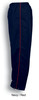 Navy track suit pants with red piping, featuring an elastic waistband and drawstring at the cuffs. Has a logo.