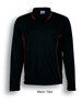 A long-sleeved polo shirt in black with red detailing, featuring a logo on the chest.