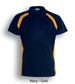 Navy polo shirt with contrasting gold panels, featuring a collar and a logo on the front.