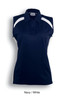 A ladies sleeveless polo shirt in navy with white contrast panels and a collar. The shirt features a logo.