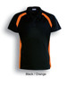 A black polo shirt with orange contrast panels and a collar, featuring a branding logo.