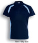 A navy and sky blue polo shirt featuring contrast panel detailing and a collar. It has a logo on it.