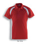A red and white kids' polo shirt with contrast panel detailing and a collar, featuring a logo on the chest.