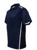 A navy blue polo shirt with a white stripe, featuring a logo on the chest and short sleeves.