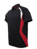 A black polo shirt with red and white accents, featuring a collar and short sleeves. The shirt has a logo.