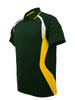 A green and yellow kids' polo shirt with a collared neck and sporty side panels, featuring a logo.