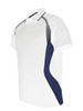 A white polo shirt with navy blue accents and a slight pattern, featuring a collar and a logo.