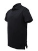 A black unisex polo shirt featuring a classic collar and a three-button placket, with a logo on it.