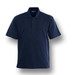 A navy blue short sleeve polo shirt with a collar and a logo on the chest.