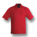 A red short sleeve polo shirt made of poly face with cotton backing, featuring a collar and a logo.