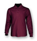 A long sleeve polo shirt in dark maroon with a collar and button placket, featuring a branded logo.