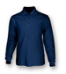Long sleeve polo shirt in navy blue with a collar and three buttons, featuring a logo on the chest.