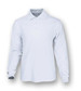 A long sleeve polo shirt in plain white with a collar and buttons, featuring a logo.