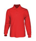 A red long sleeve polo shirt made from poly with cotton backing, featuring a collar and three buttons.