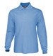A light blue long sleeve polo shirt made from poly with a cotton backing, featuring a collar and buttons.