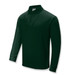 A dark green long sleeve polo shirt with a collar and button placket, featuring a branding logo.