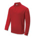 A red long sleeve polo shirt with a collar and a logo on the chest.
