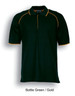 A bottle green polo shirt with gold accents and a logo on the chest.