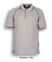 Unisex adults raglan polo in sandstone with navy accents, featuring a collar and short sleeves.