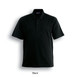 A black unisex adults basic polo shirt with a collar and three buttons, featuring a logo.