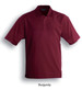 A burgundy unisex adults basic polo shirt with a collar and short sleeves, featuring a logo.