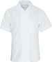 A white short sleeve school shirt featuring a pocket and a collar, with a button-up front and a small logo.