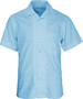 A light blue short sleeve school shirt with a button-up front and a single chest pocket, featuring a logo.