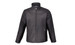 A black men's soft shell jacket with a zip front and high collar, featuring side pockets and a logo.