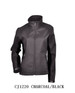 A charcoal and black ladies soft shell jacket with a high collar and zip closure, featuring a logo.