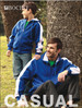 A blue unisex fleece zip-through hoodie with white contrast panels, featured on a model and a child outdoors.