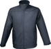 A soft shell jacket in dark grey, featuring a zippered front and a high collar. It includes a logo on the chest.