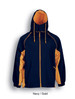 A unisex three-in-one jacket in navy and gold, featuring a hood and zip closure, with a logo.