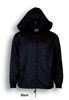 A black kids' yachtsman's jacket with a lining and a hood, featuring a zip front and elastic cuffs.