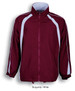 A burgundy and white unisex adults track suit jacket with poly cotton lining and a logo.