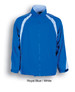 A royal blue and white track suit jacket featuring contrast panels and a collar. It has a logo on the chest.