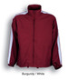 A burgundy and white unisex adults track suit jacket featuring a logo, with zip closure and elasticated cuffs.