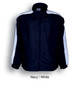 A navy and white unisex adults track suit jacket featuring a zipped front and contrasting sleeve details.