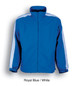 A track suit jacket in royal blue with white side panels and a high collar. It features a logo on the front.