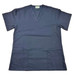 A navy blue ladies' scrub top featuring a V-neck and multiple pockets, with a logo present on the label.
