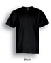 A plain black cotton T-shirt, featuring short sleeves and a round neck. It includes a logo on the label.