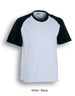 A unisex raglan sleeve tee shirt in white with black sleeves. The shirt features a logo on the label.