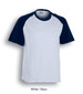Unisex adult raglan sleeve tee shirt in white with navy sleeves. Features a logo on the front.